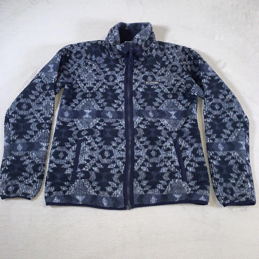 Columbia Jacket Mens Small Blue Fleece Full‎ Zip Aztec Camouflage Pattern Adult